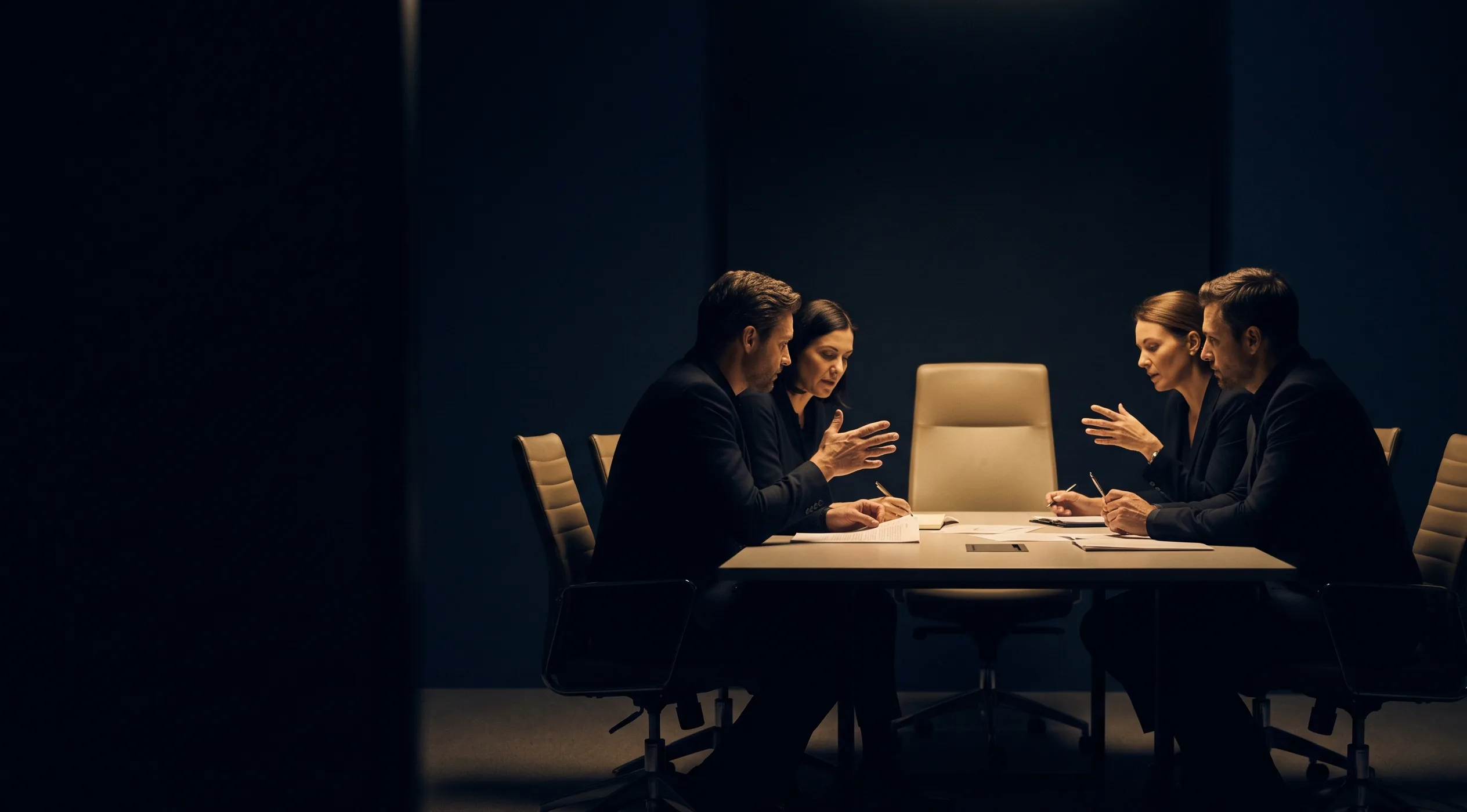 Management team in discussion around a table, with an empty, softly lit chair at its head